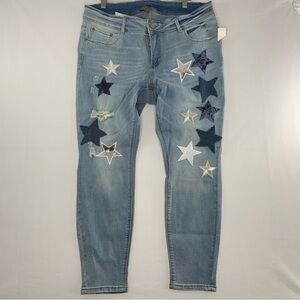 NWT Loralette blue jeans with patch star pattern. Women’s size 18